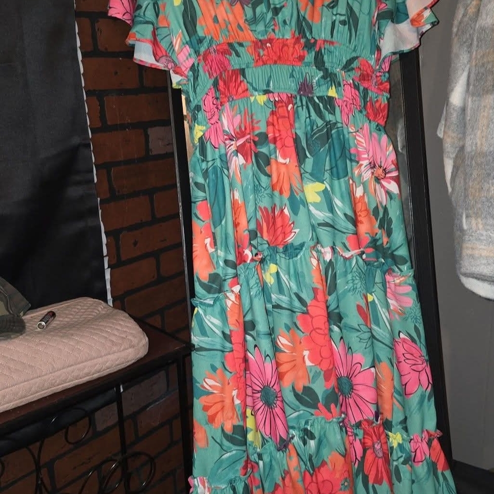 Floral Tiered Green Maxi Dress - Pink & Coral Bloom